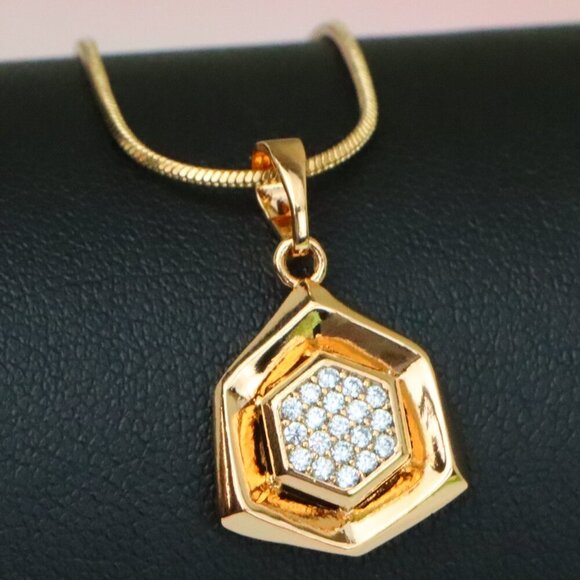 "Geometric Rose Gold Pendant with Crystal Hexagon, XPPT1575 - Picture 1 of 13